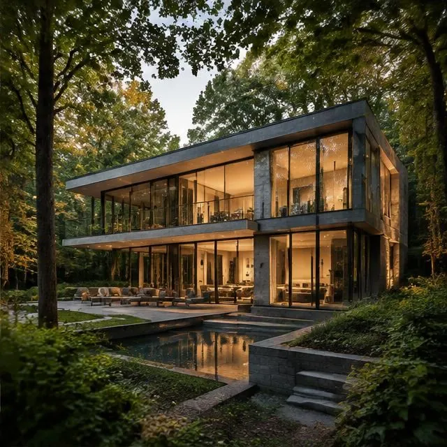Modern glass ravine home on the Bridle Path glowing in evening light