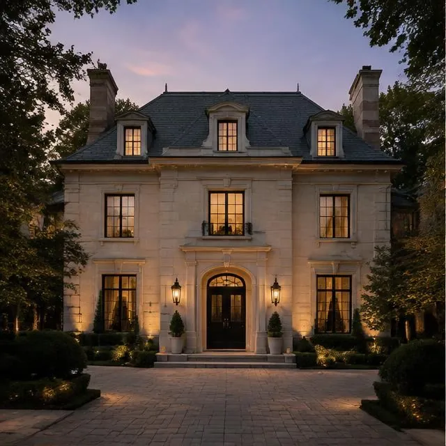 Stone-clad Forest Hill estate with manicured front garden at dusk