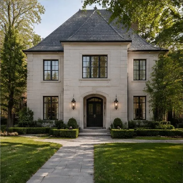 Traditional Lawrence Park manor with warm lit windows and landscaped lawn