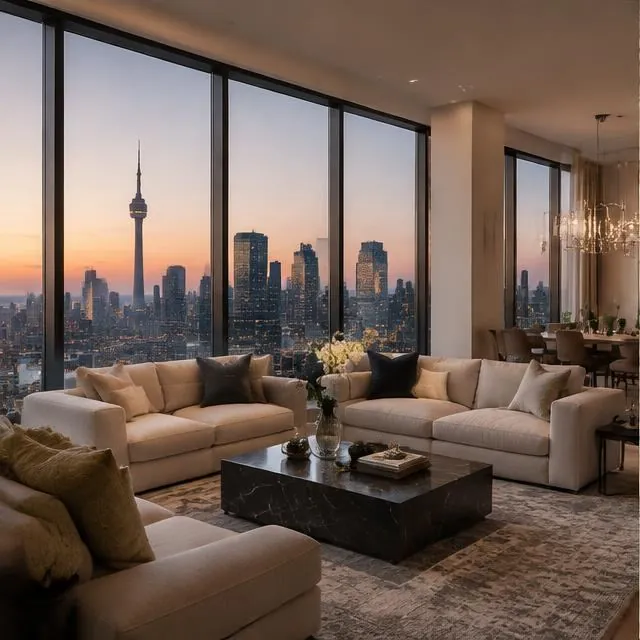 Yorkville penthouse living room with floor-to-ceiling city views